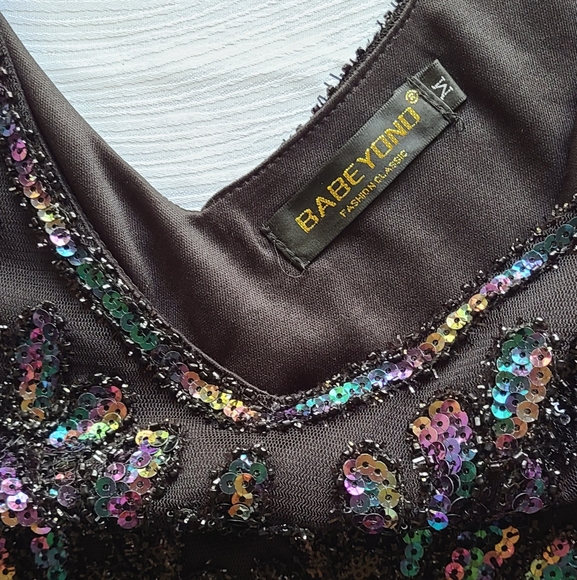 Elegant Black Sequin Flapper Dress 1920s Great Gatsby Style - Picture 6 of 16